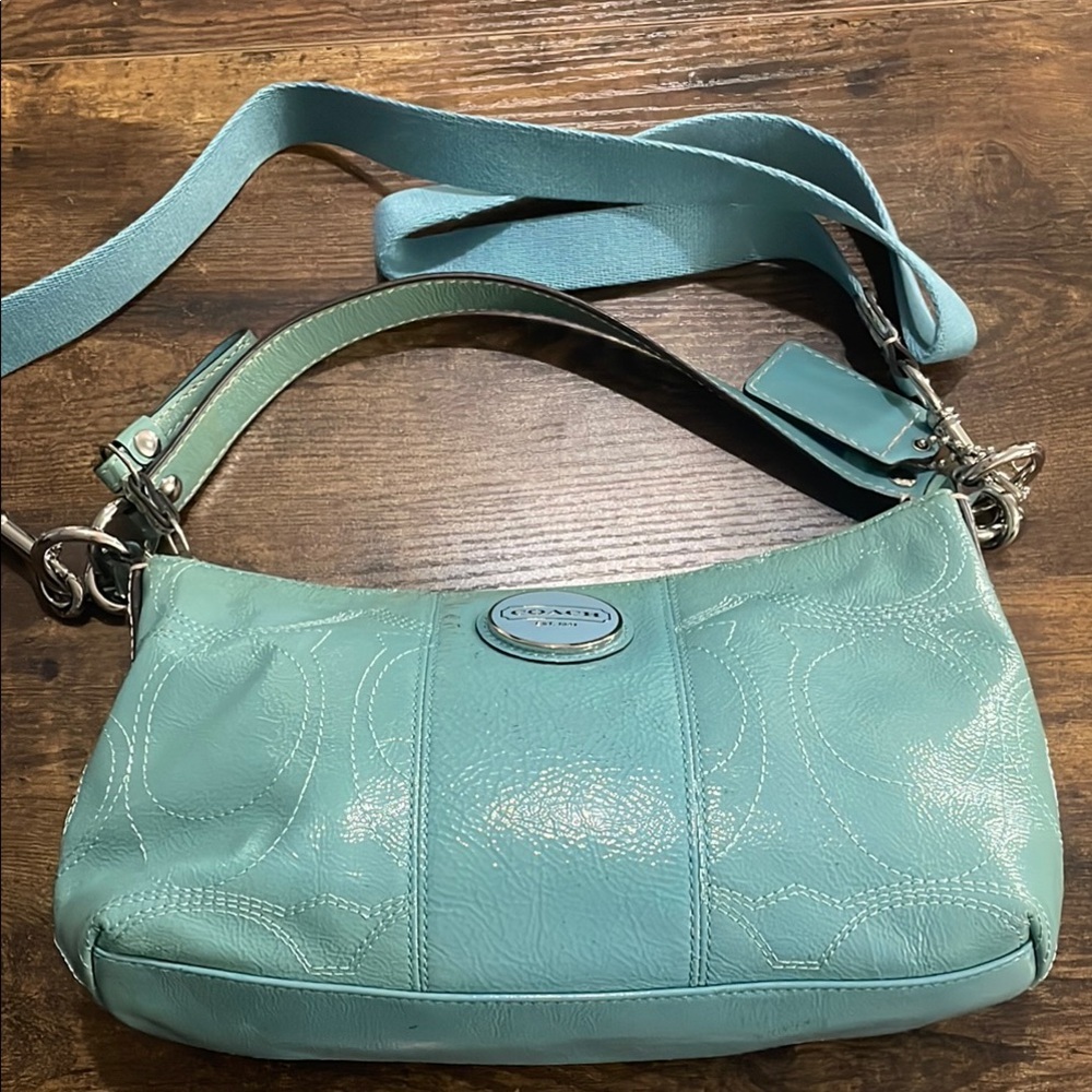 Coach Blue Patent Leather Shoulder Bag with Adjustable Strap